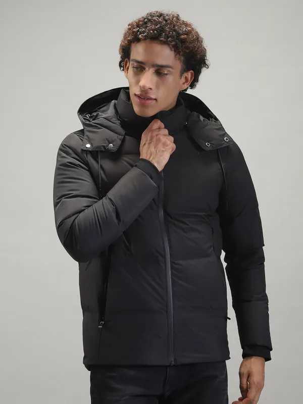 Men Black Solid Hooded Full Sleeve Jacket sold by Monte Carlo