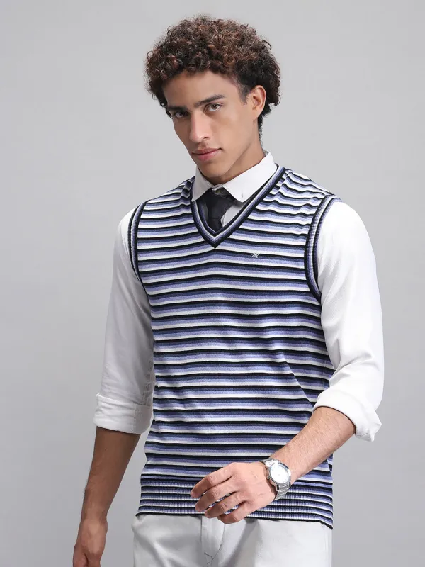 Men Navy Blue Stripe V Neck Sleeveless Sweater made by Monte Carlo