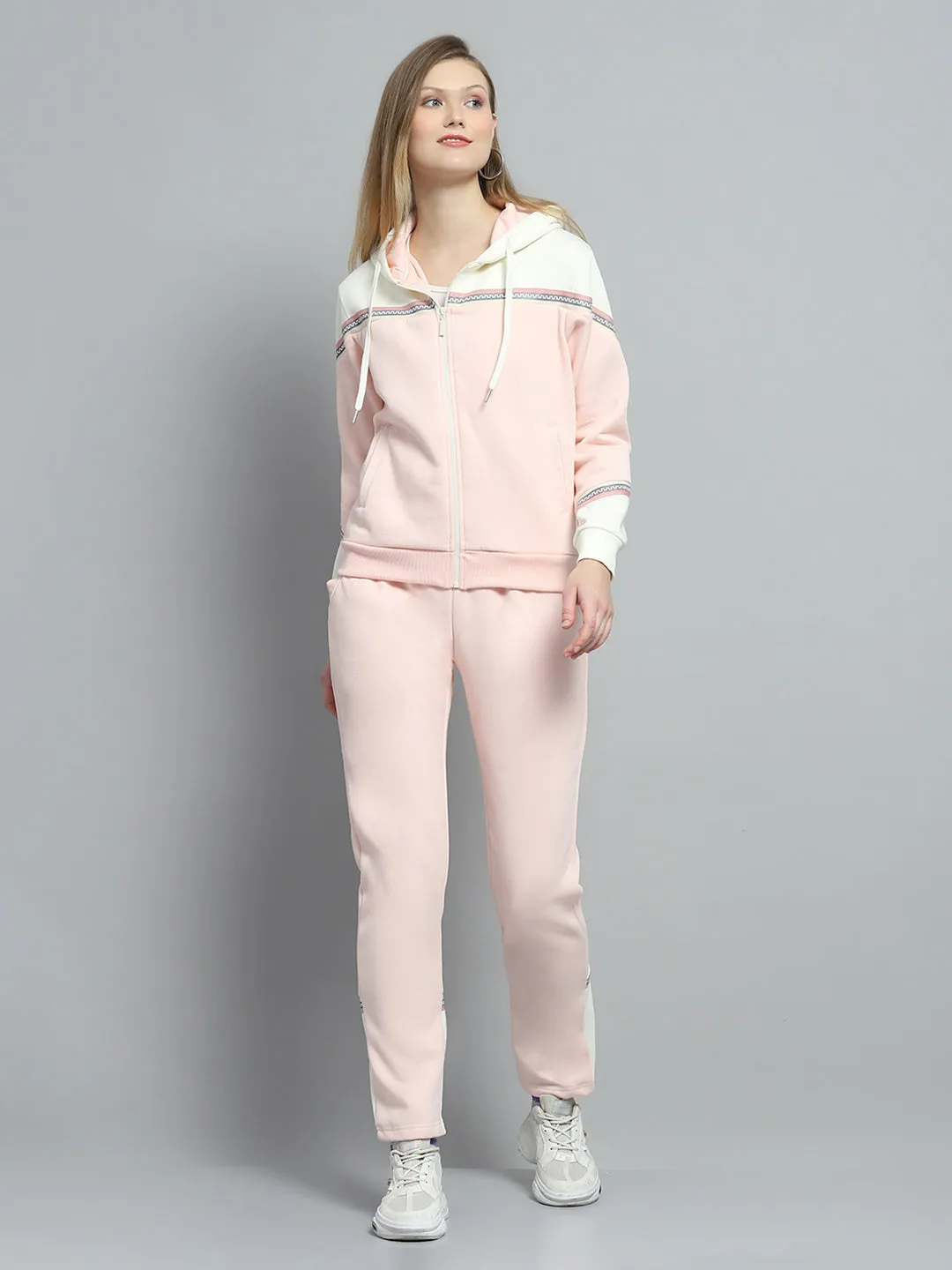 Women Peach Solid Hooded Full Sleeve Tracksuit sold by Monte Carlo
