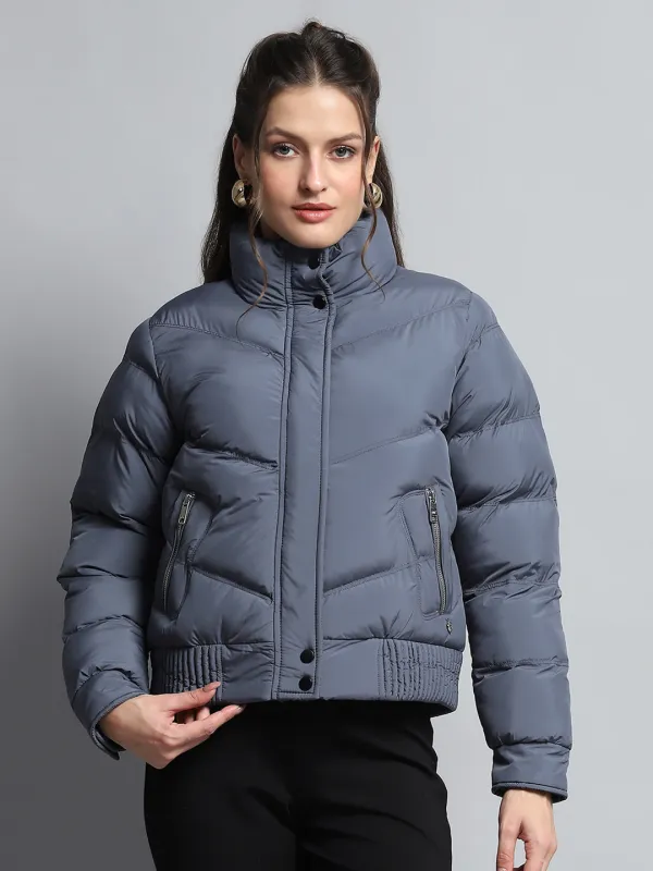 Women Blue Solid Mock Neck Full Sleeve Jacket sold by Monte Carlo