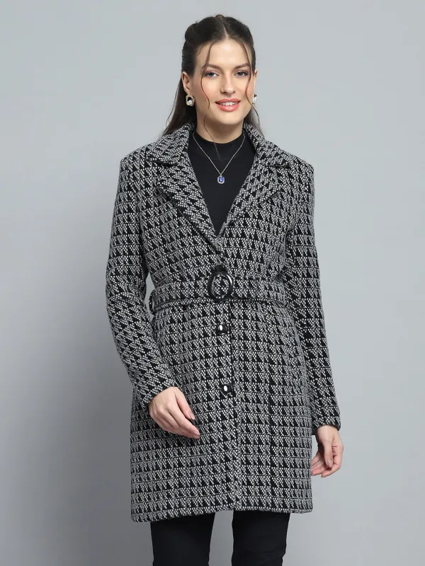 Women Black Self Design Notch Lapel Collar Full Sleeve Coat sold by Monte Carlo