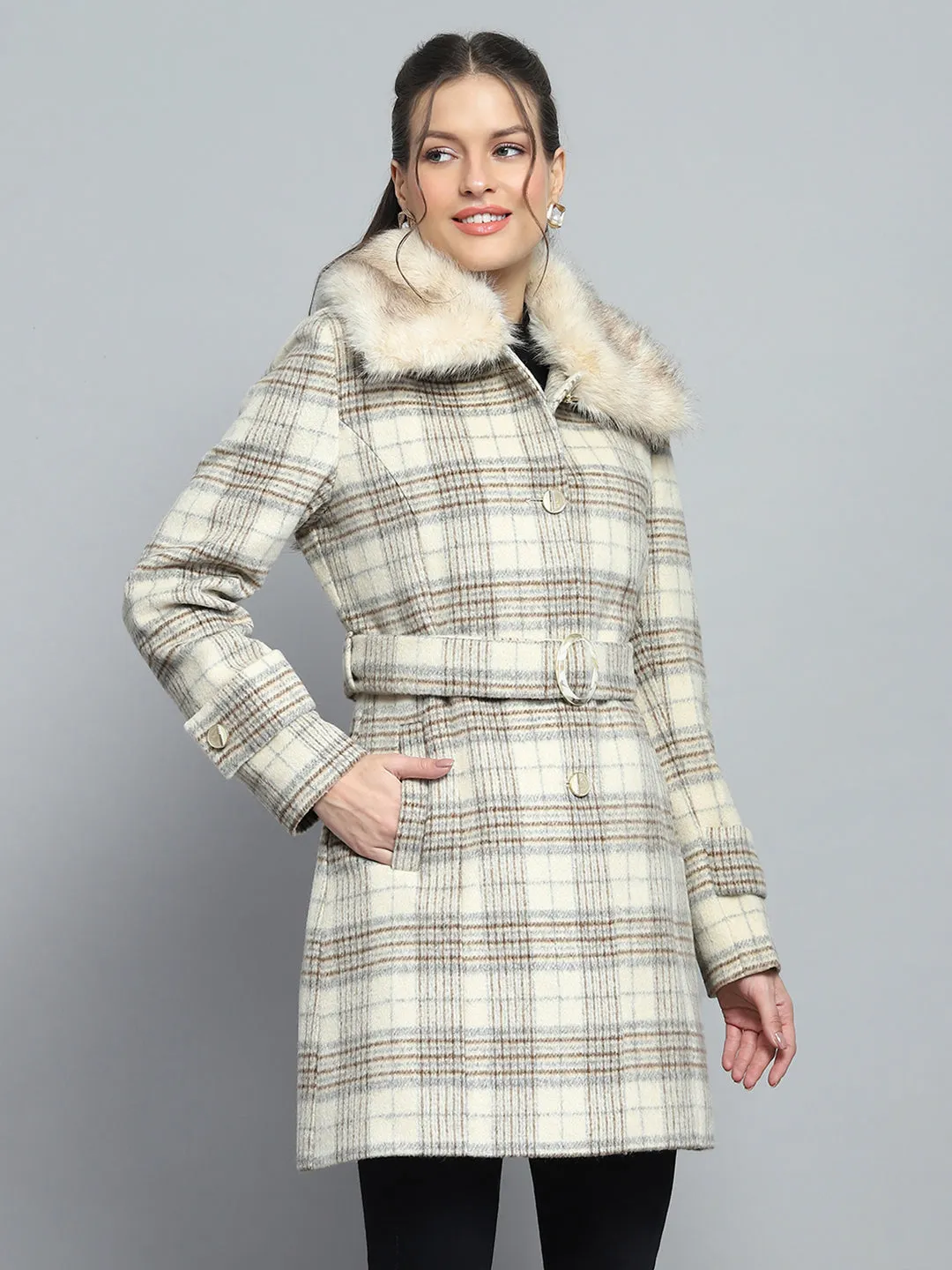 Women Beige Check Collar Full Sleeve Coat sold by Monte Carlo product image thumbnail 4