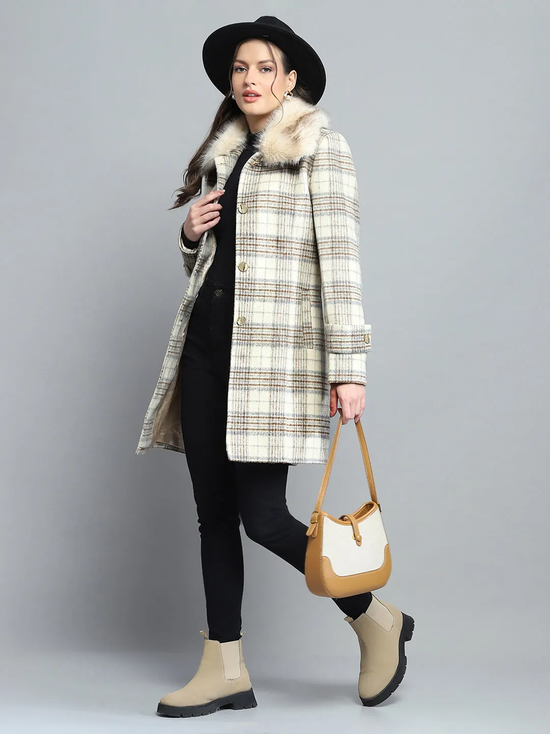Women Beige Check Collar Full Sleeve Coat sold by Monte Carlo product image thumbnail 2