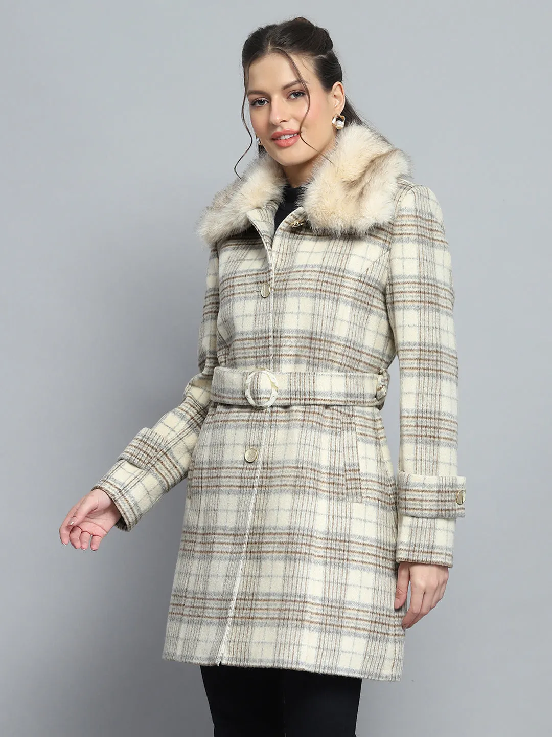 Women Beige Check Collar Full Sleeve Coat sold by Monte Carlo product image thumbnail 3