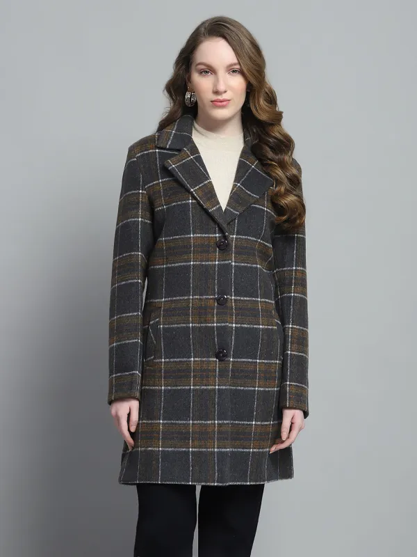Women Grey Check Notch Lapel Collar Full Sleeve Coat sold by Monte Carlo