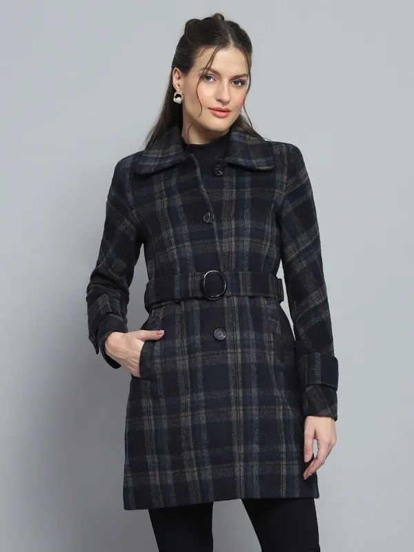 Women Navy Blue Check Collar Full Sleeve Coat sold by Monte Carlo