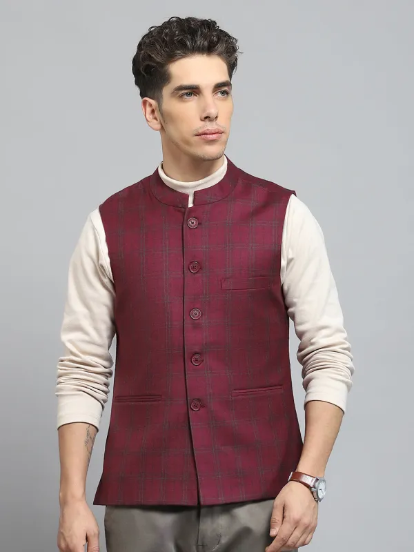 Men Maroon Solid Band Collar Sleeveless Jacket sold by Monte Carlo