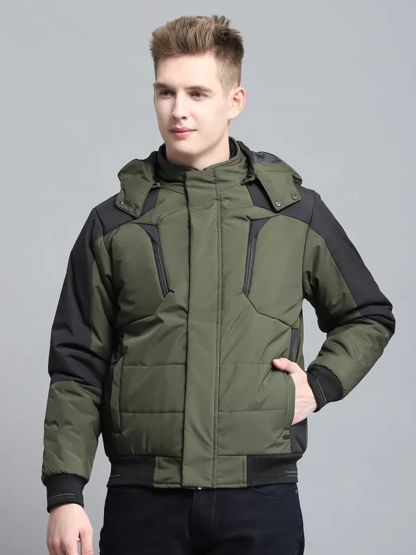 Men Olive Solid Detachable Hood Full Sleeve Jacket sold by Monte Carlo