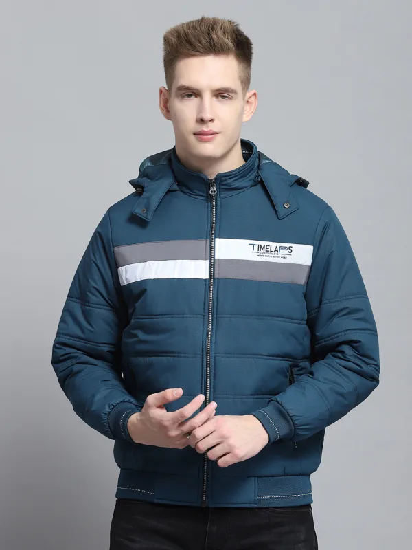 Men Teal Blue Printed Detachable Hood Full Sleeve Jacket sold by Monte Carlo