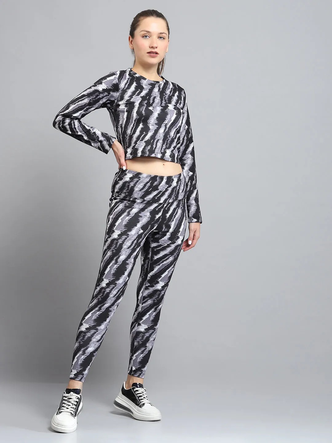 Rock.it Women Black Printed Round Neck Full Sleeve Tracksuit sold by Monte Carlo product image thumbnail 4