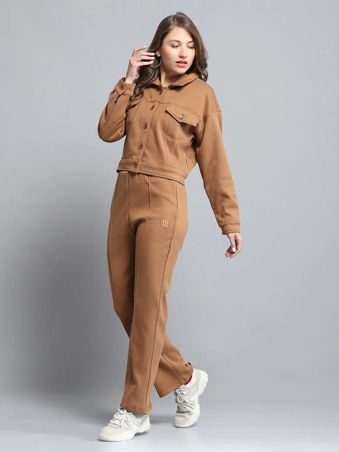 Rock.it Women Brown Solid Collar Full Sleeve Tracksuit sold by Monte Carlo product image thumbnail 3