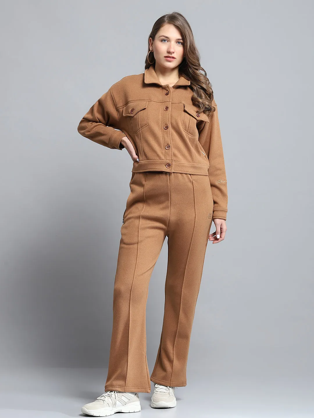 Rock.it Women Brown Solid Collar Full Sleeve Tracksuit sold by Monte Carlo