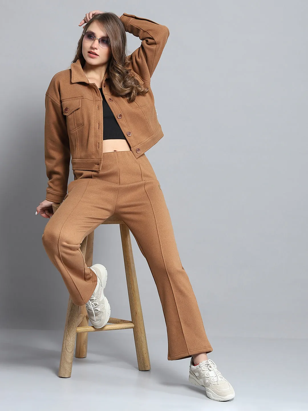 Rock.it Women Brown Solid Collar Full Sleeve Tracksuit sold by Monte Carlo product image thumbnail 2