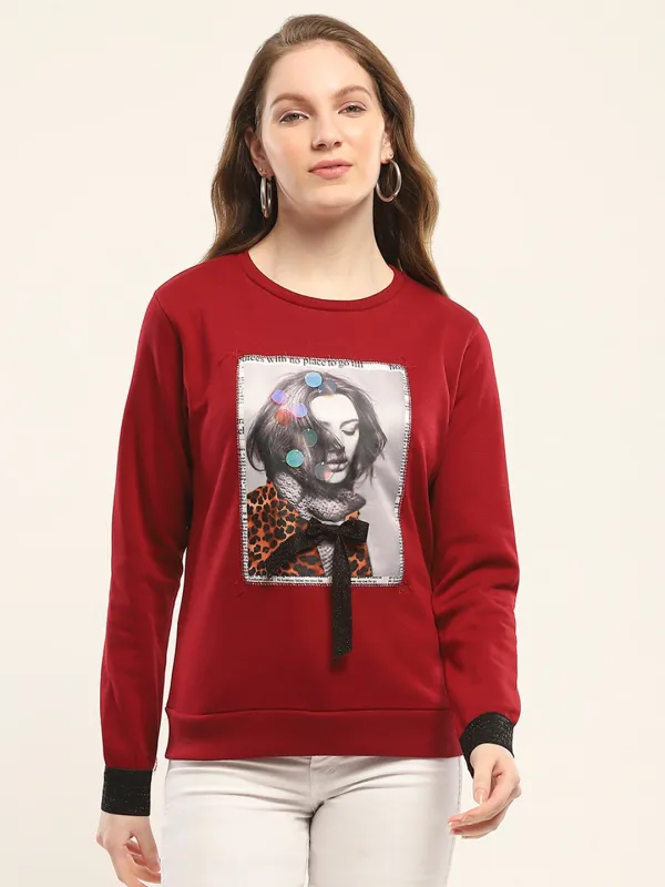 Women Maroon Printed Round Neck Full Sleeve Sweatshirt sold by Monte Carlo