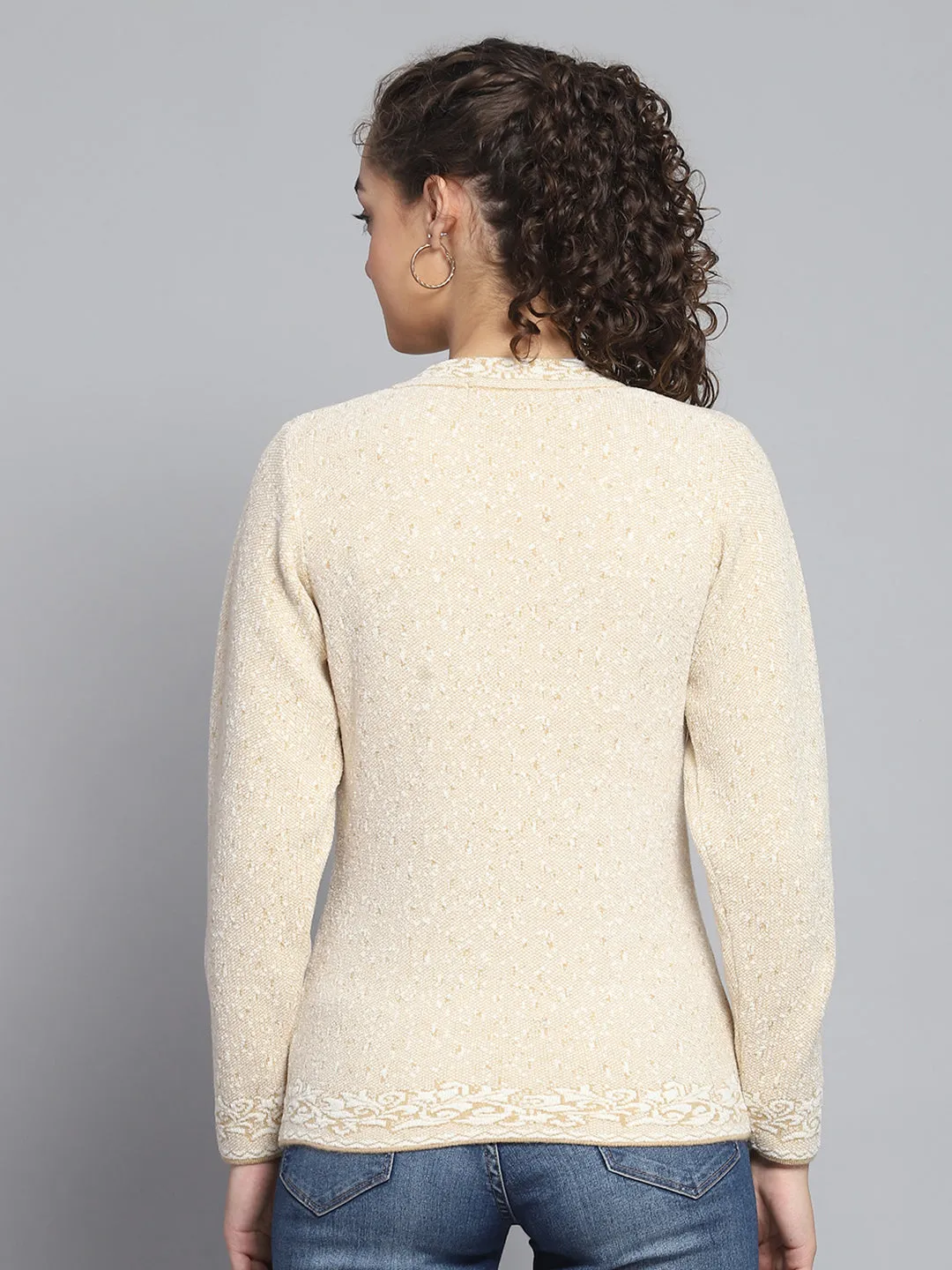 Women Beige Self Design V Neck Full Sleeve Cardigan sold by Monte Carlo product image thumbnail 5