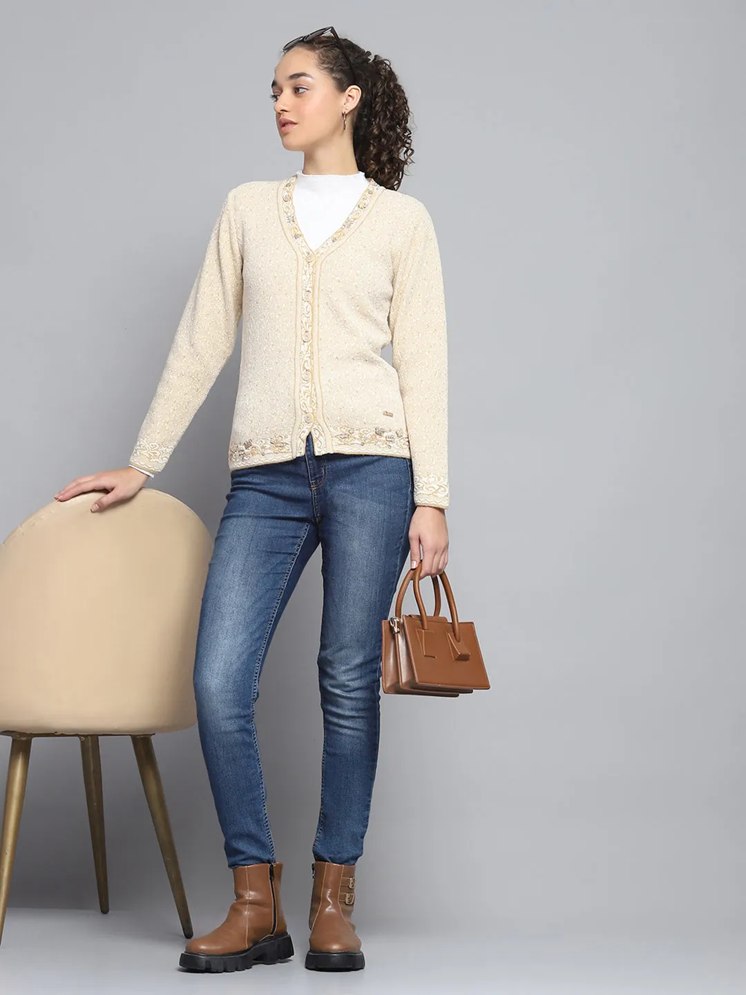 Women Beige Self Design V Neck Full Sleeve Cardigan sold by Monte Carlo product image thumbnail 2