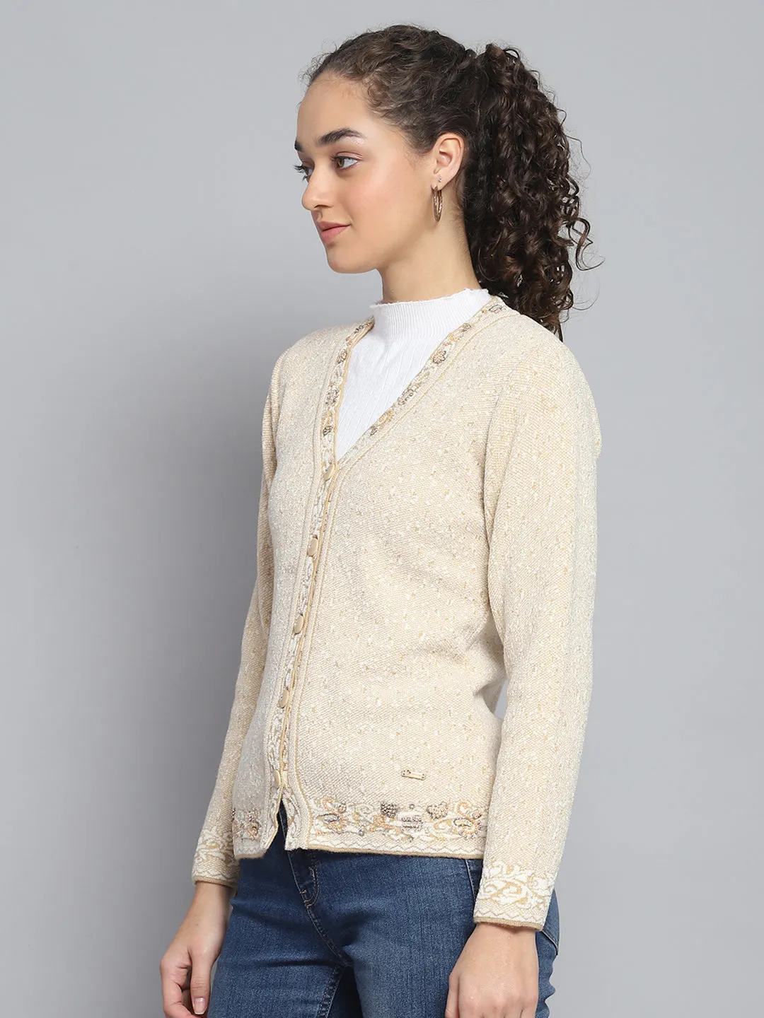 Women Beige Self Design V Neck Full Sleeve Cardigan sold by Monte Carlo product image thumbnail 3