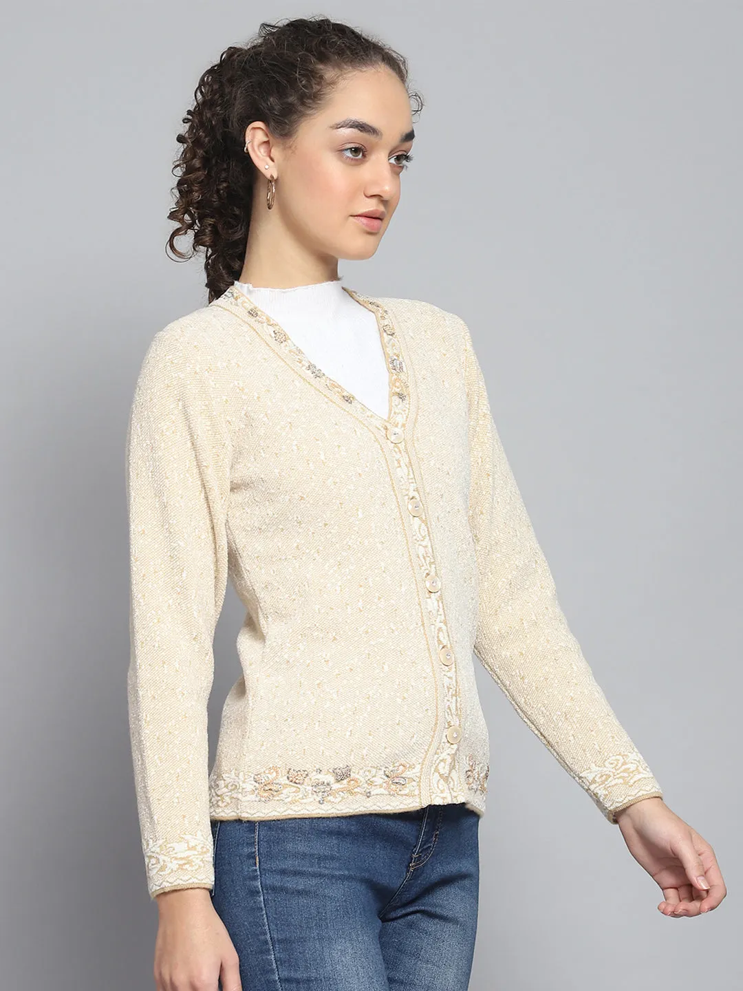 Women Beige Self Design V Neck Full Sleeve Cardigan sold by Monte Carlo product image thumbnail 4