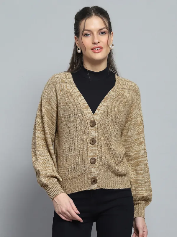 Women Camel Brown Self Design V Neck Full Sleeve Cardigan sold by Monte Carlo