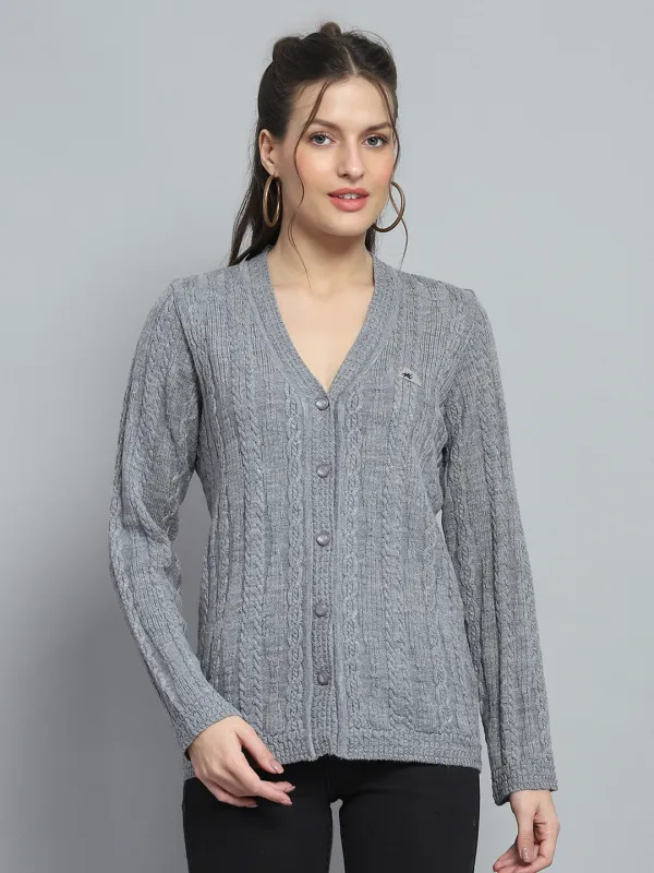 Women Grey Self Design V Neck Full Sleeve Cardigan sold by Monte Carlo