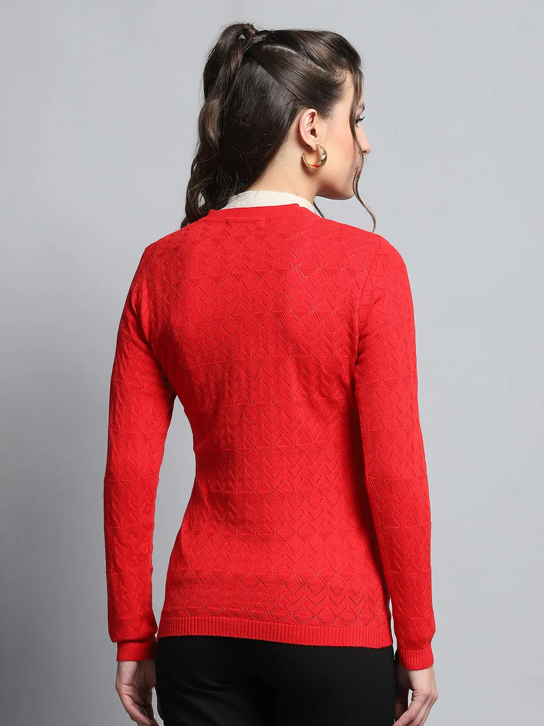 Women Red Self Design V Neck Full Sleeve Cardigan sold by Monte Carlo product image thumbnail 5
