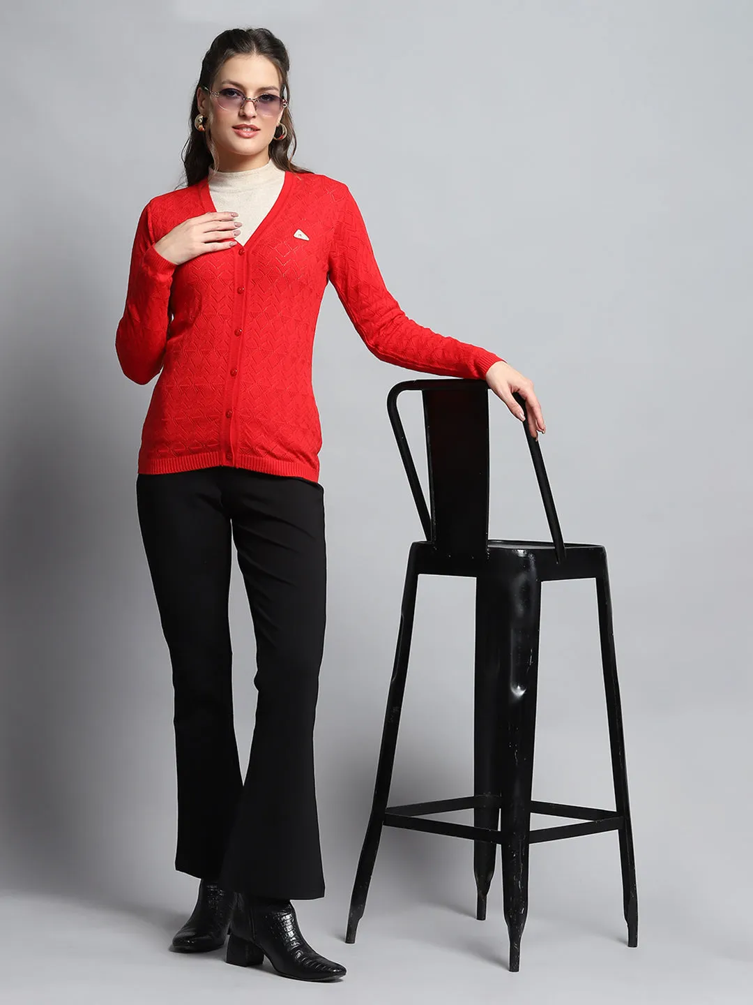 Women Red Self Design V Neck Full Sleeve Cardigan sold by Monte Carlo product image thumbnail 2