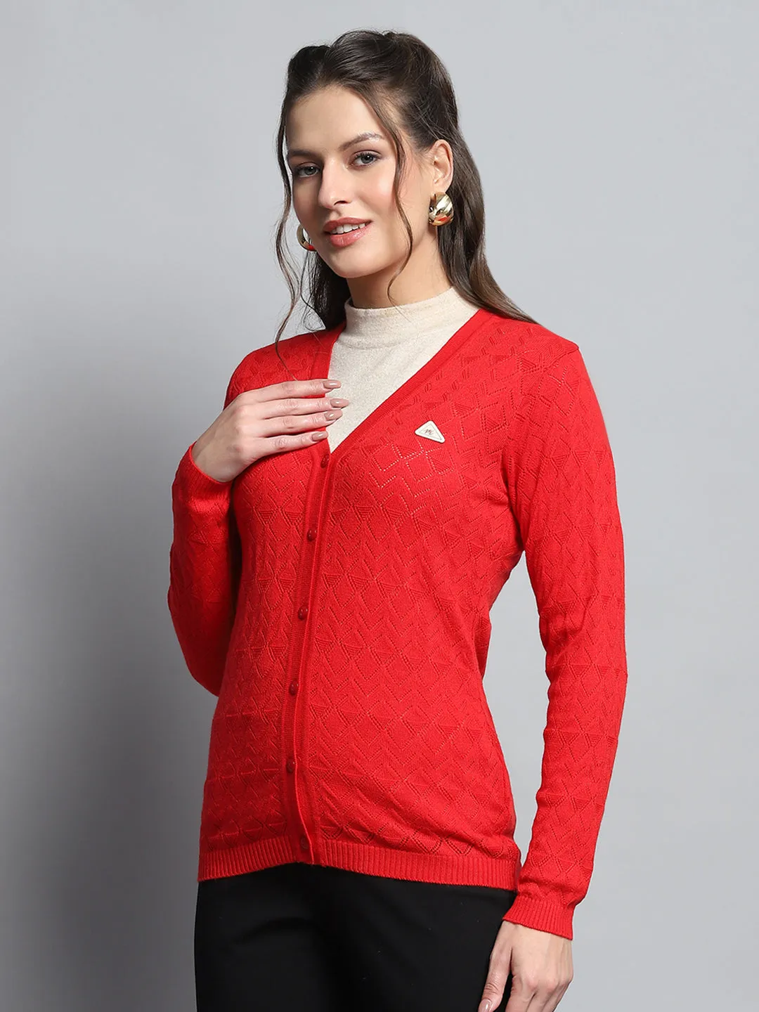 Women Red Self Design V Neck Full Sleeve Cardigan sold by Monte Carlo product image thumbnail 3