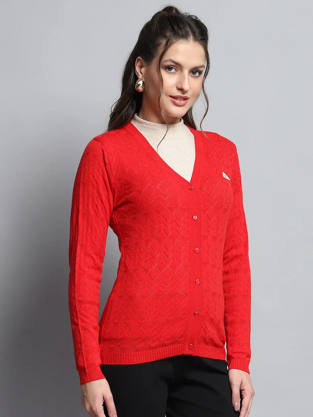 Women Red Self Design V Neck Full Sleeve Cardigan sold by Monte Carlo product image thumbnail 4