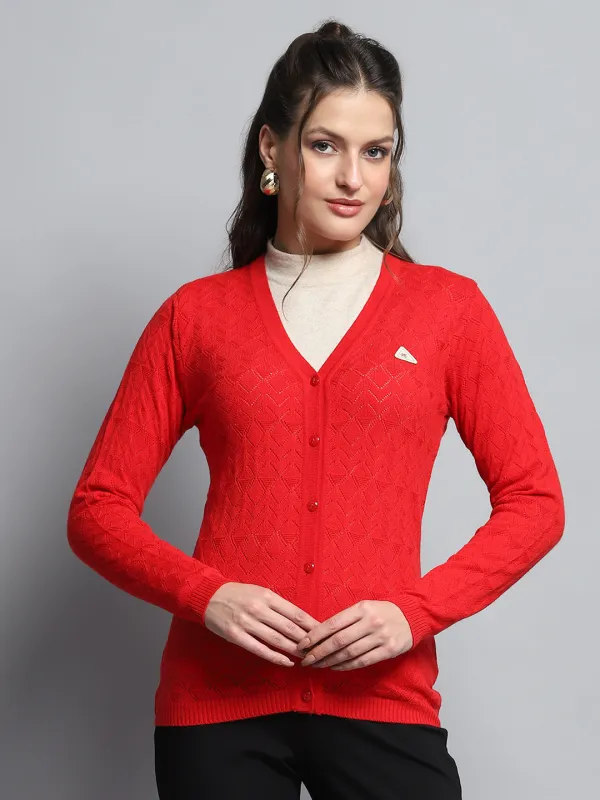 Women Red Self Design V Neck Full Sleeve Cardigan sold by Monte Carlo