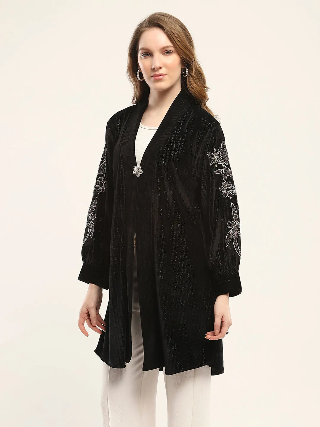 Women Black Self Design Front Open Full Sleeve Shrug sold by Monte Carlo product image thumbnail 3