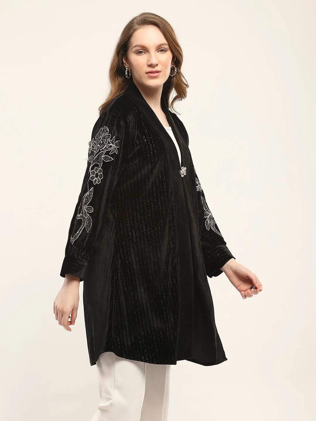 Women Black Self Design Front Open Full Sleeve Shrug sold by Monte Carlo product image thumbnail 4