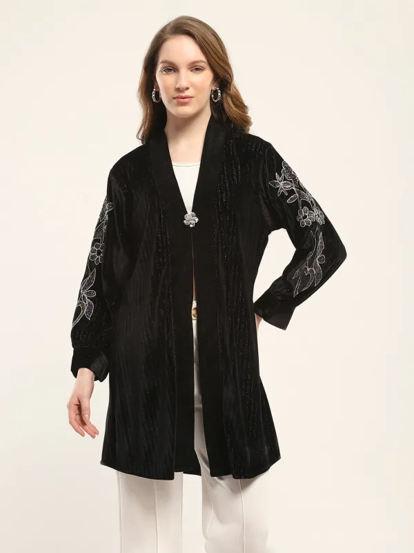 Women Black Self Design Front Open Full Sleeve Shrug sold by Monte Carlo