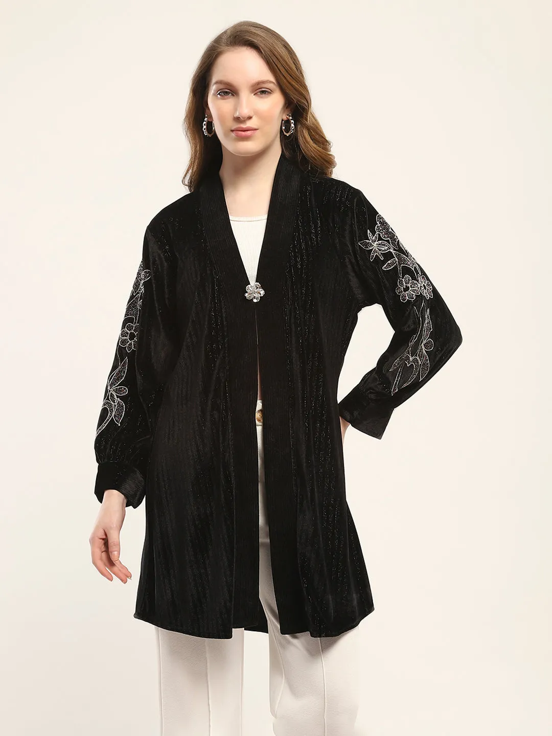 Women Black Self Design Front Open Full Sleeve Shrug sold by Monte Carlo