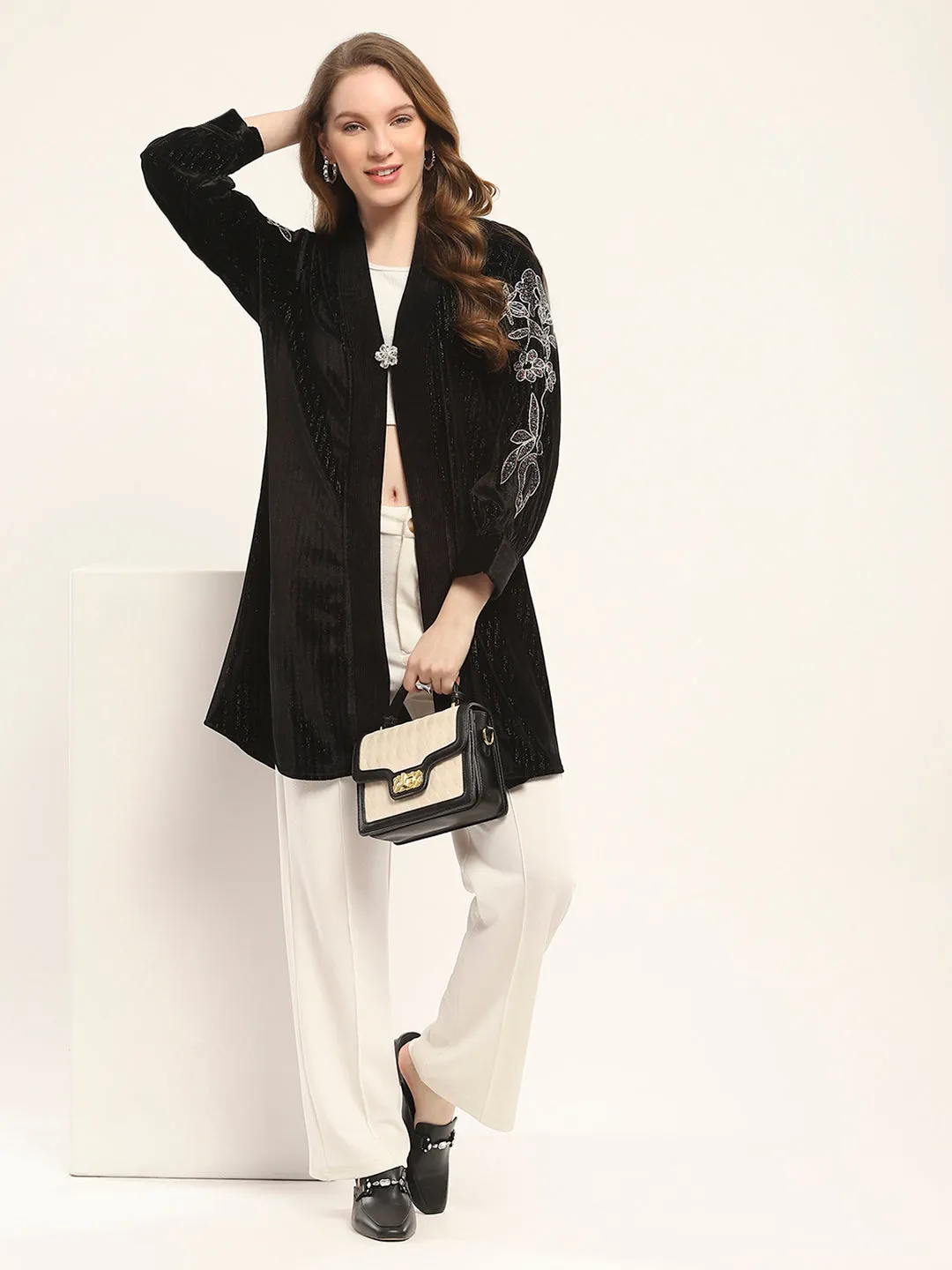 Women Black Self Design Front Open Full Sleeve Shrug sold by Monte Carlo product image thumbnail 2