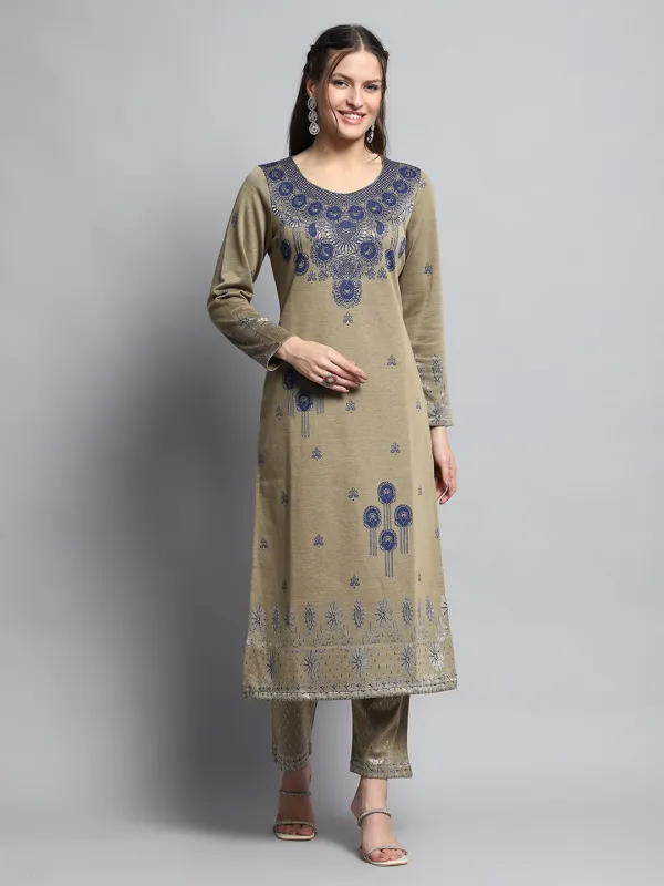 Women Beige Self Design Round Neck Full Sleeve Kurti Set for Winter sold by Monte Carlo