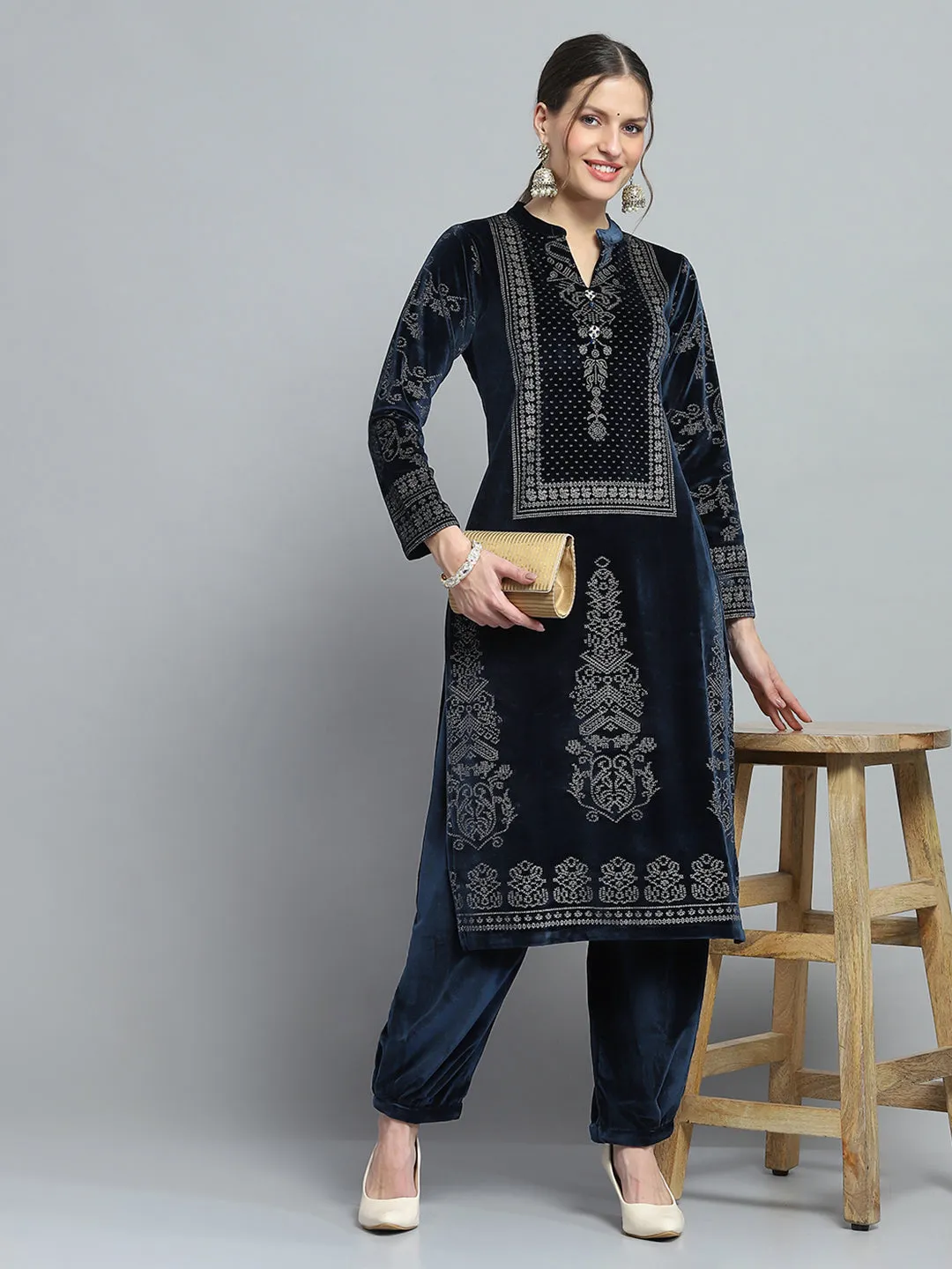 Women Navy Blue Self Design Round Neck Full Sleeve Kurti Set for Winter sold by Monte Carlo product image thumbnail 2