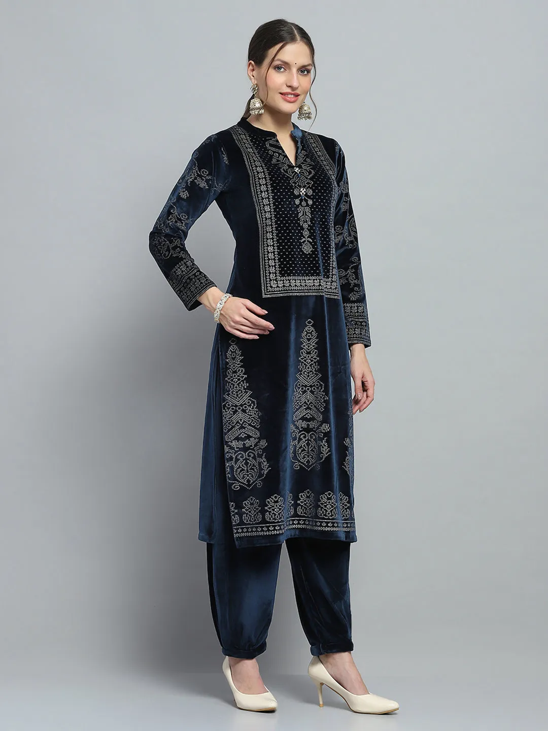 Women Navy Blue Self Design Round Neck Full Sleeve Kurti Set for Winter sold by Monte Carlo product image thumbnail 4