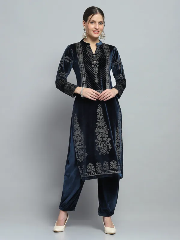 Women Navy Blue Self Design Round Neck Full Sleeve Kurti Set for Winter sold by Monte Carlo