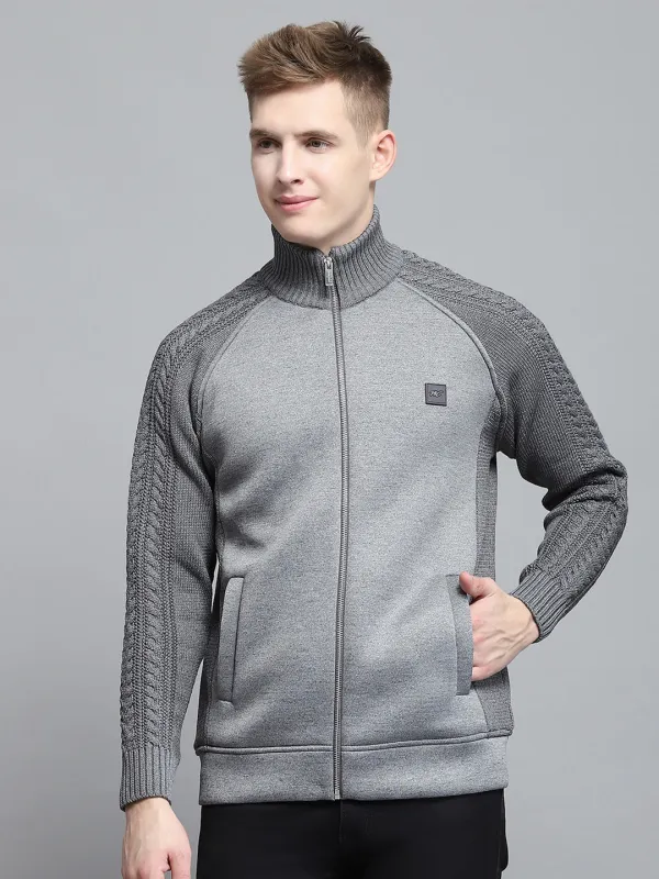 Men Grey Self Design Mock Neck Full Sleeve Pullover sold by Monte Carlo