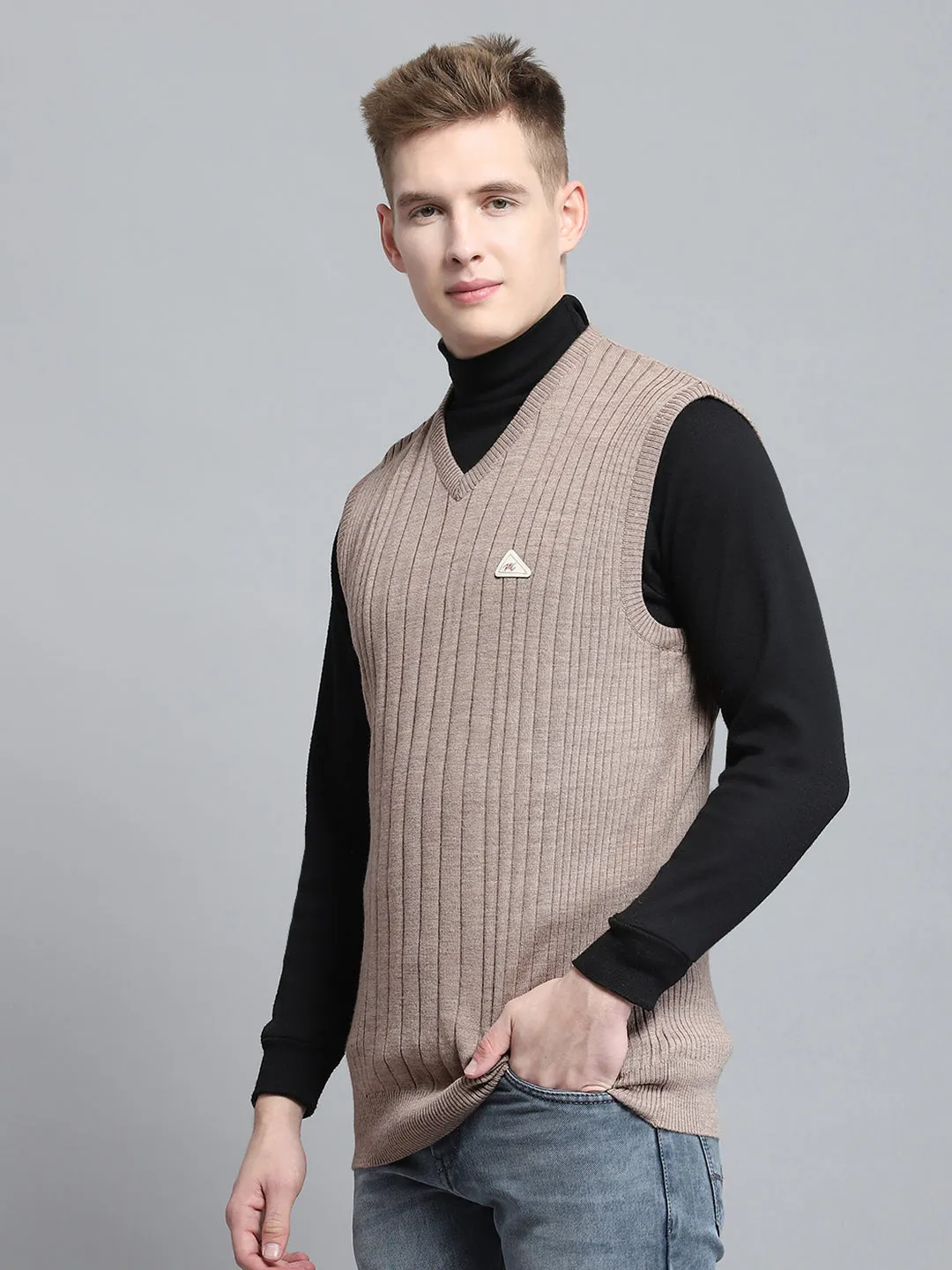 Men Beige Solid V Neck Sleeveless Sweater sold by Monte Carlo product image thumbnail 3