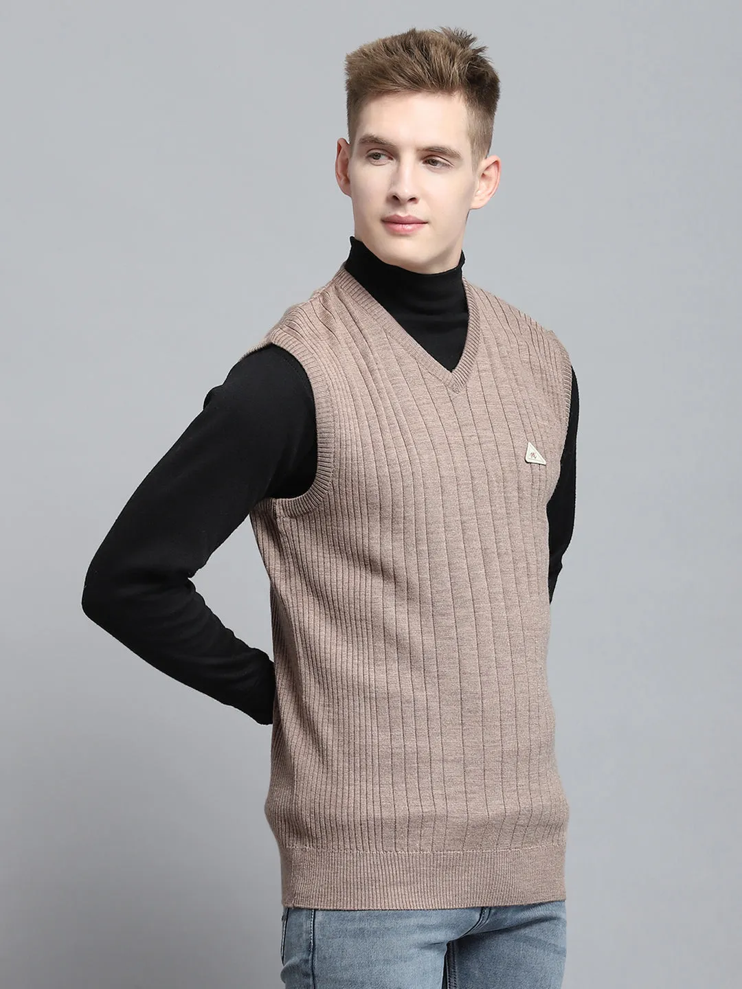 Men Beige Solid V Neck Sleeveless Sweater sold by Monte Carlo product image thumbnail 4