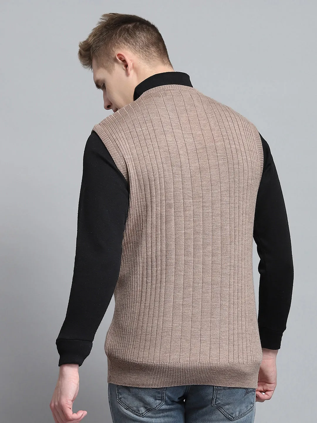 Men Beige Solid V Neck Sleeveless Sweater sold by Monte Carlo product image thumbnail 5