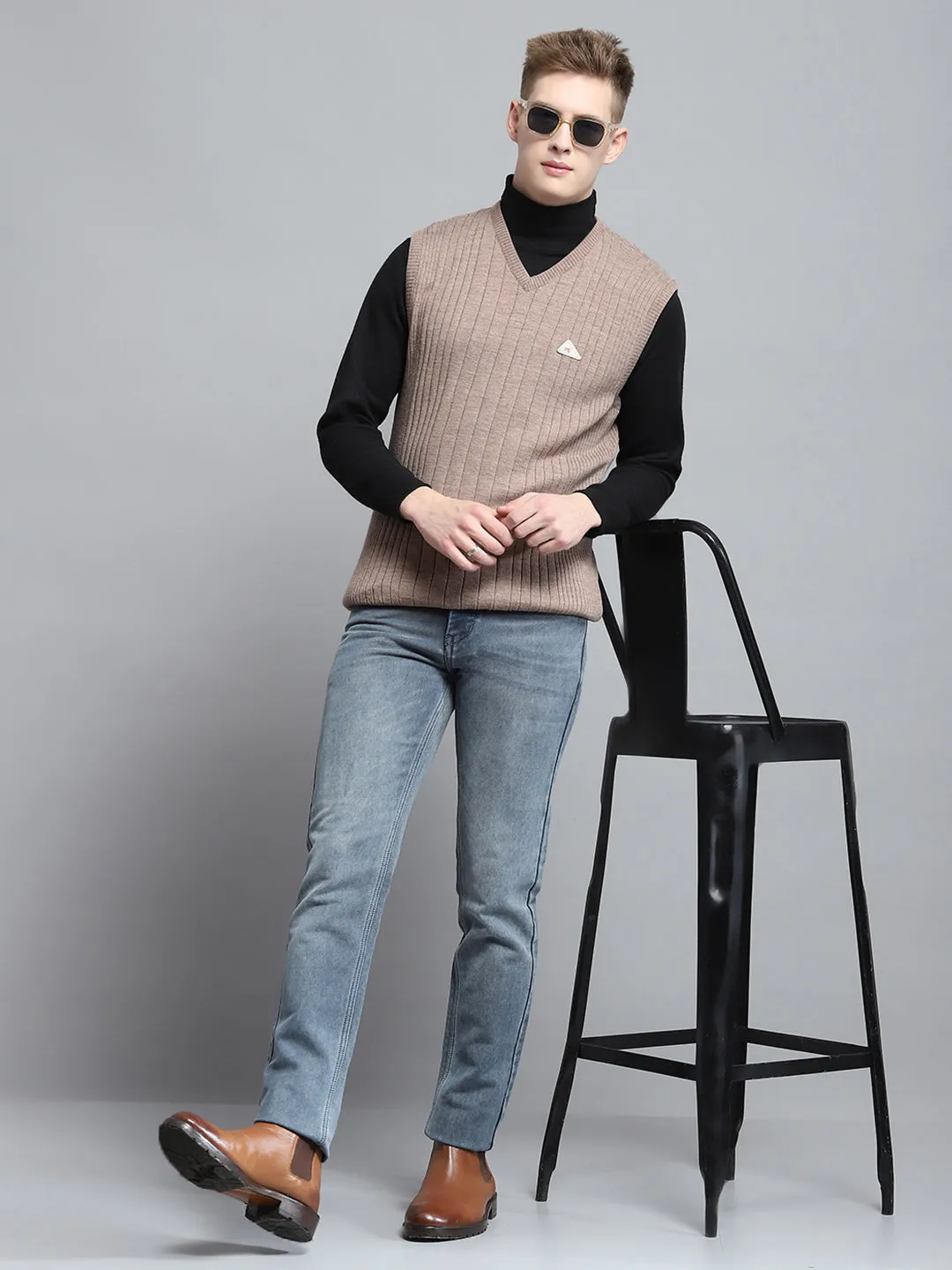 Men Beige Solid V Neck Sleeveless Sweater sold by Monte Carlo product image thumbnail 2