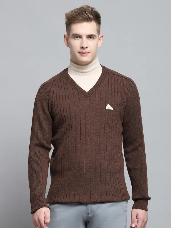 Men Brown Solid V Neck Full Sleeve Pullover made by Monte Carlo