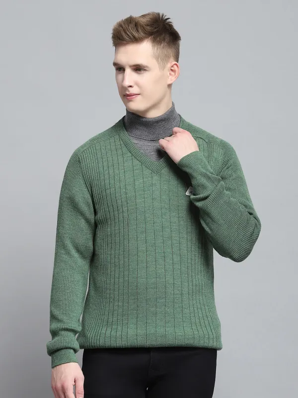 Men Green Solid V Neck Full Sleeve Pullover made by Monte Carlo