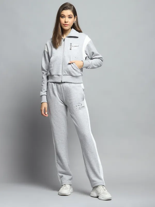 Women Grey Printed Collar Full Sleeve Tracksuit sold by Monte Carlo