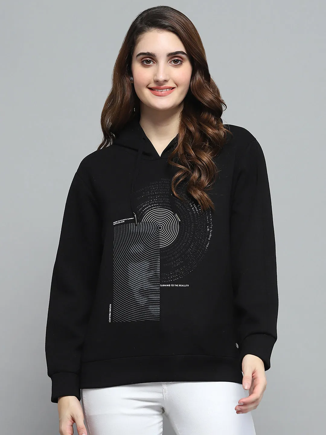 Women Black Printed Hooded Full Sleeve Sweatshirt sold by Monte Carlo