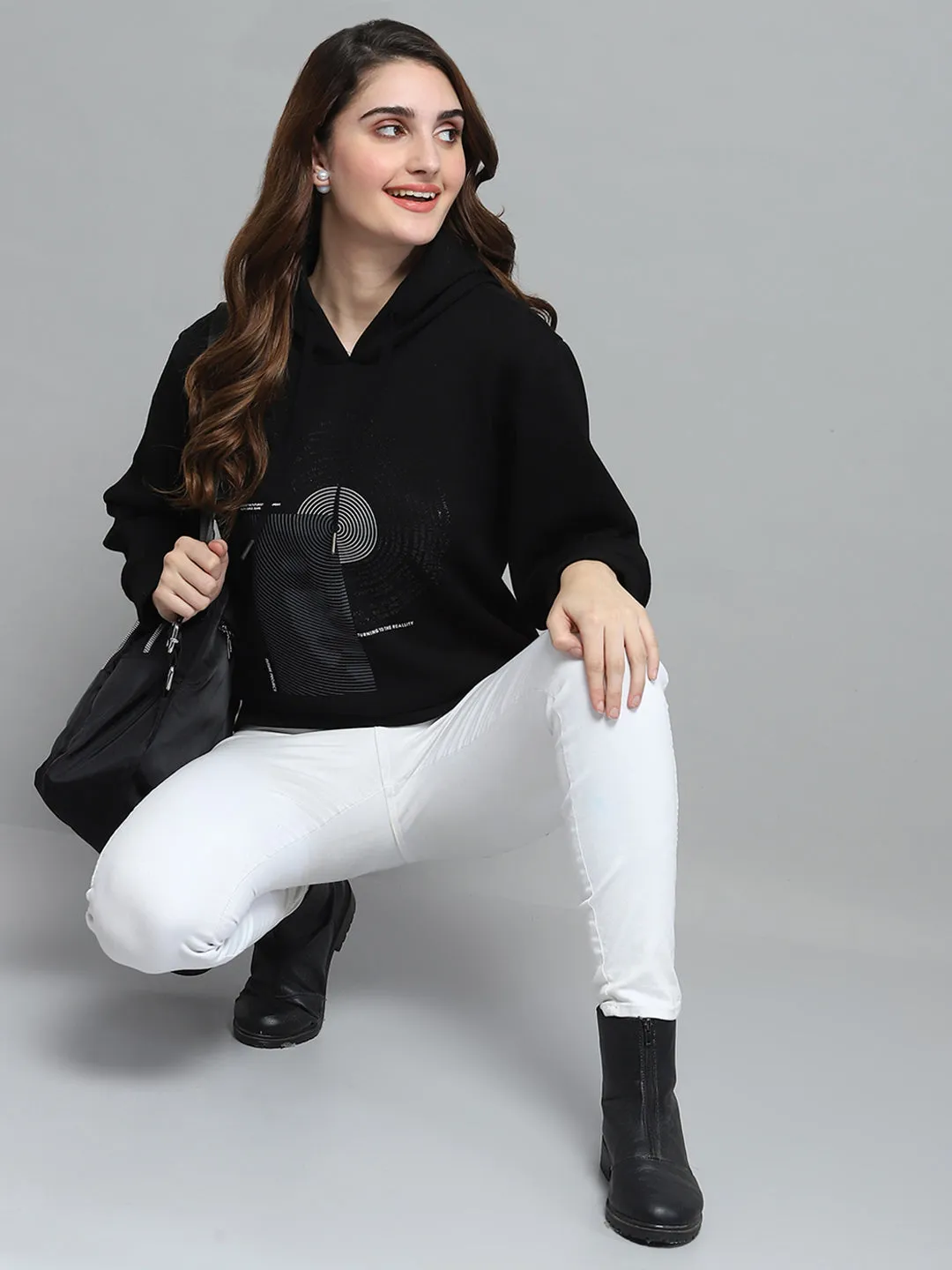Women Black Printed Hooded Full Sleeve Sweatshirt sold by Monte Carlo product image thumbnail 2