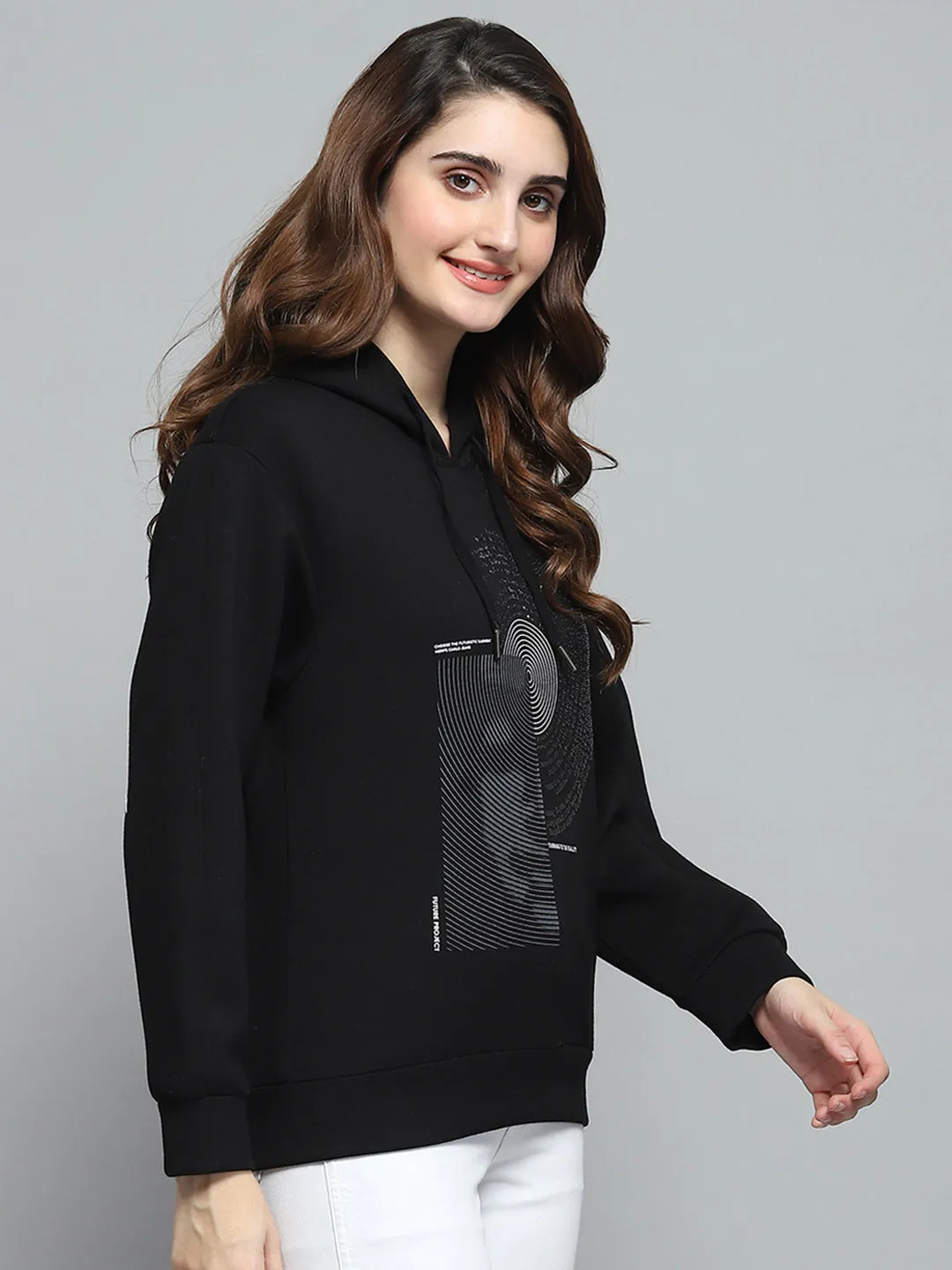 Women Black Printed Hooded Full Sleeve Sweatshirt sold by Monte Carlo product image thumbnail 4