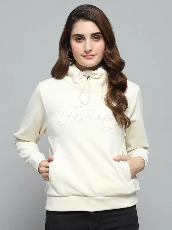 Women White Self Design Mock Neck Full Sleeve Sweatshirt sold by Monte Carlo